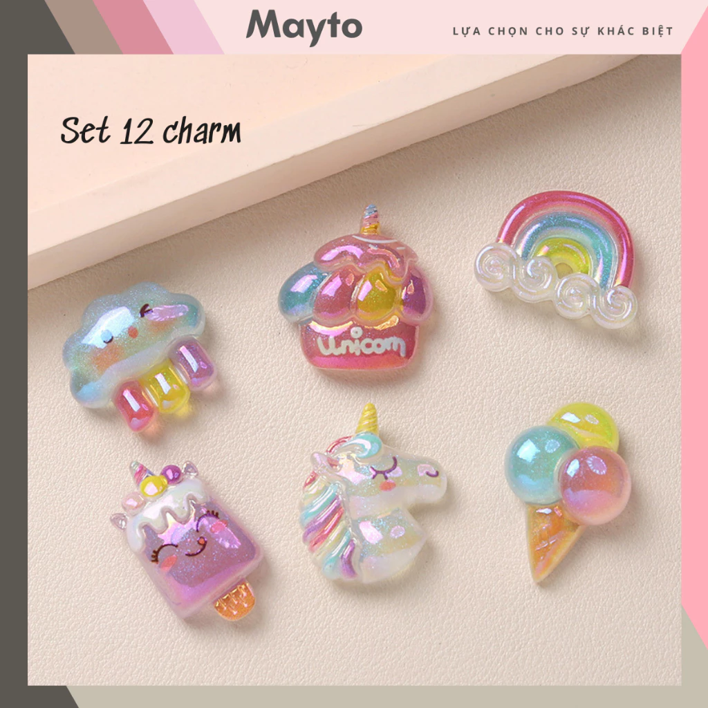 Set 12 Sticker, Charm 3D chủ đề Kem Hologram Mayto gắn Dép Sục, Cá Sấu JB-262