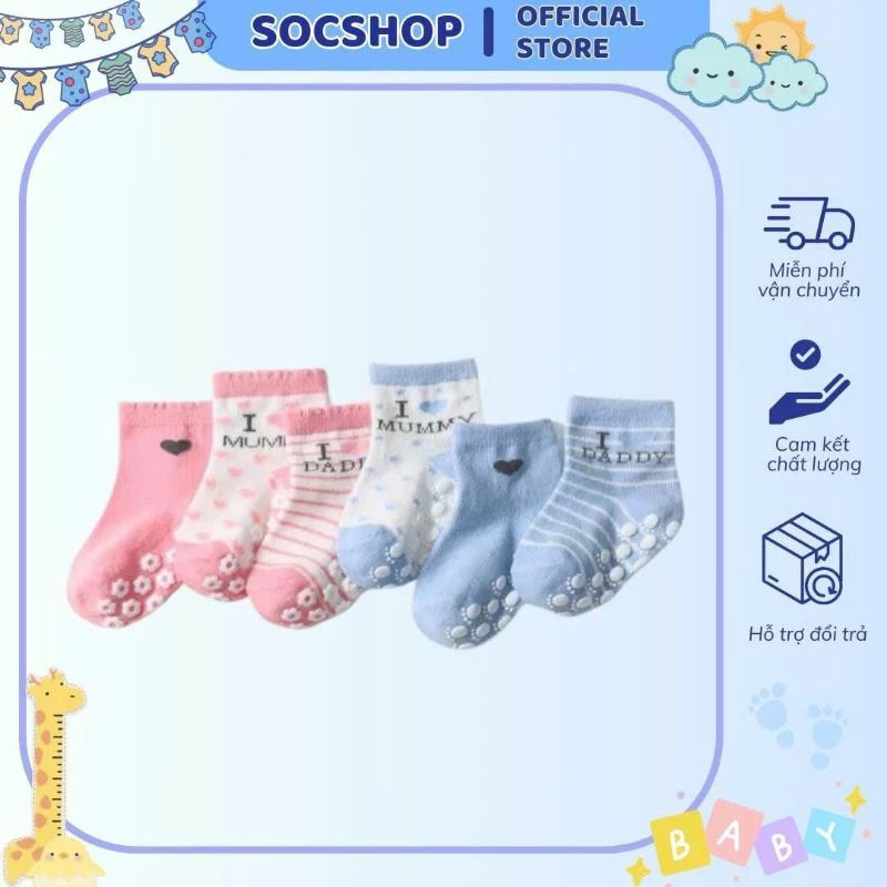 Sét 3 đôi tất cotton cổ cao chống trượt mummy daddy cho bé