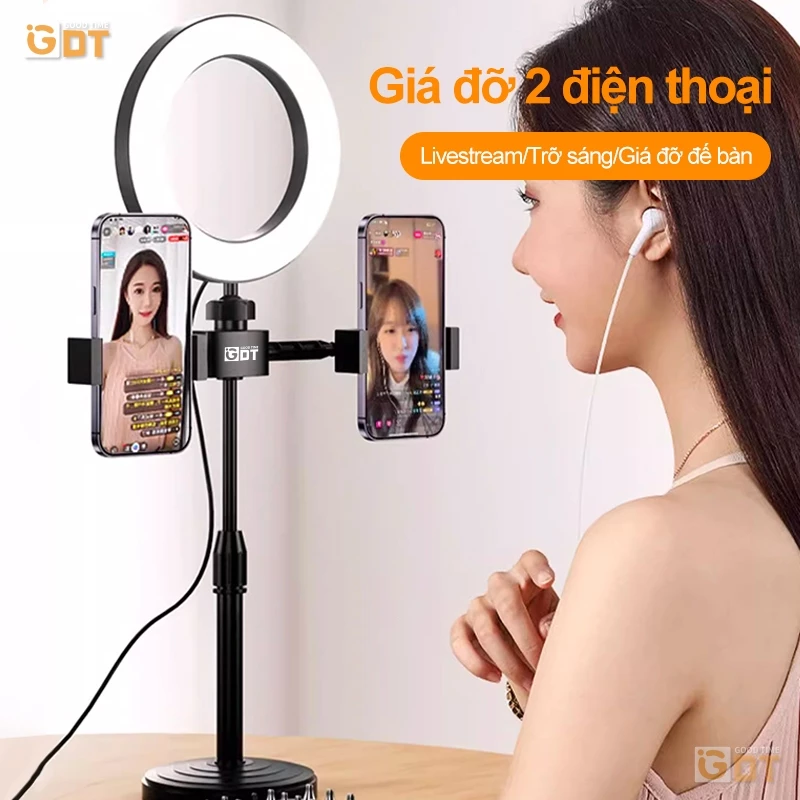 Đèn Livestream Để Bàn, Giá Đỡ Điện Thoại Livestream Kẹp 2 Điện Thoại nhau để ghi video Bộ sản phẩm
