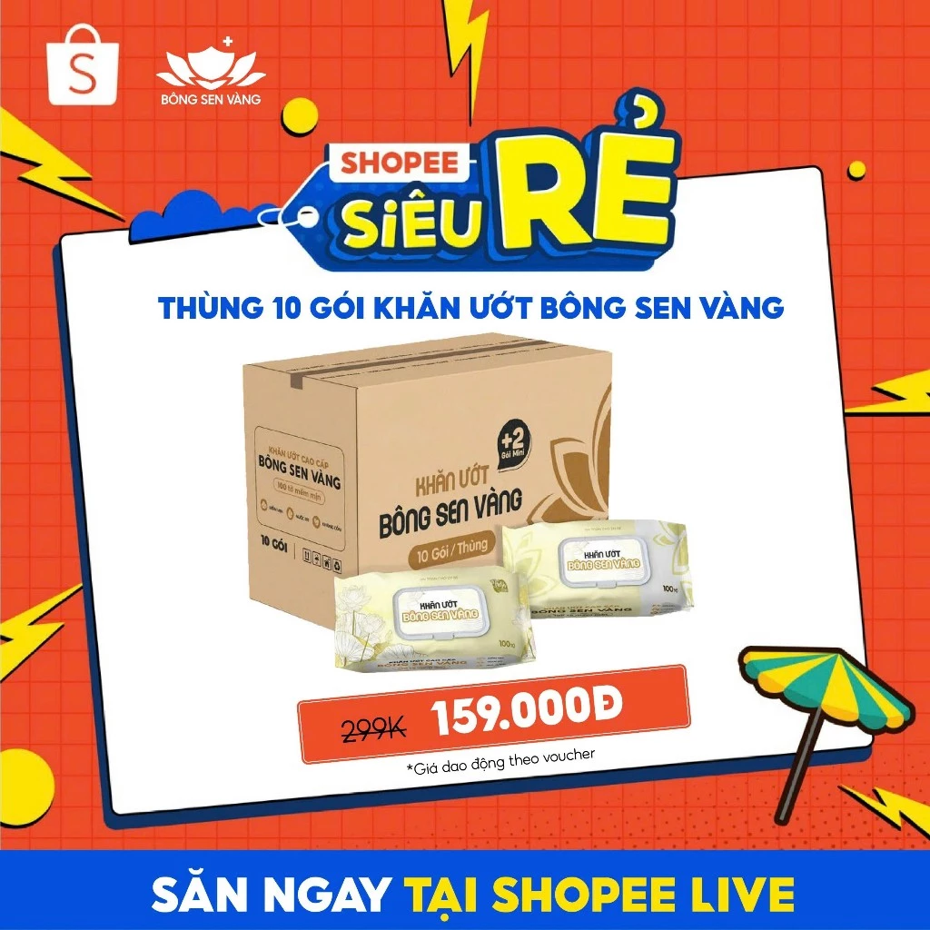 [Shopee Live] Thùng 10 gói Khăn ướt cao cấp Bông Sen Vàng 100 tờ, mềm mại, không cồn