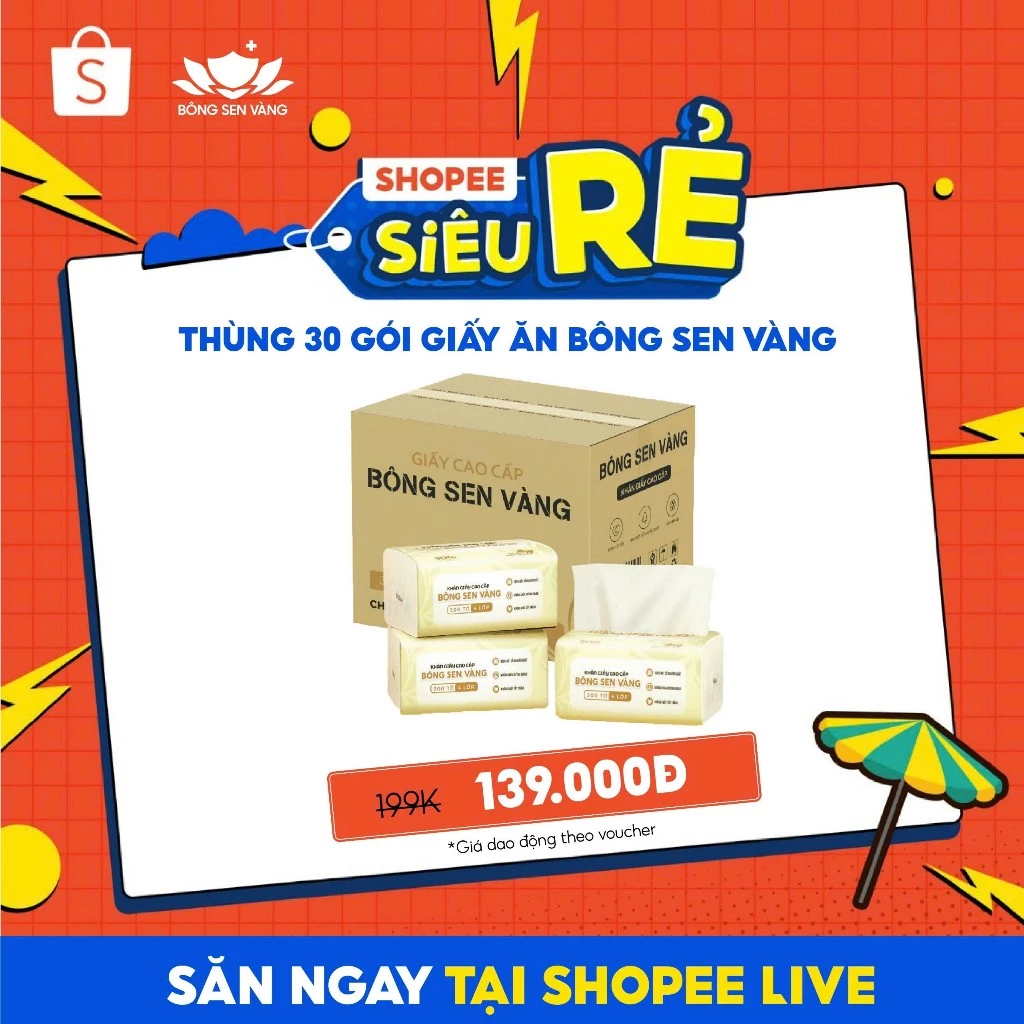 [Shopee Live] Thùng 30 gói Giấy ăn cao cấp Bông Sen Vàng 4 lớp mềm mịn, an toàn, tiện lợi.