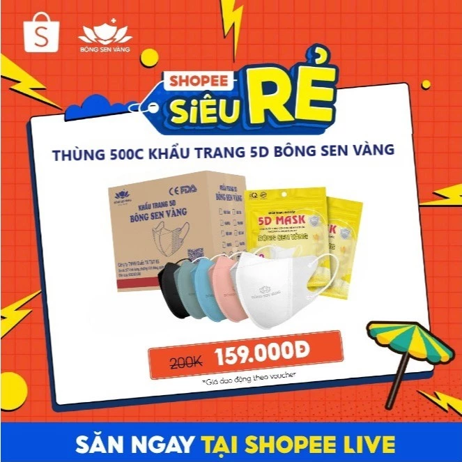 [Shopee Live] Thùng 500c khẩu trang 5D Bông Sen Vàng.