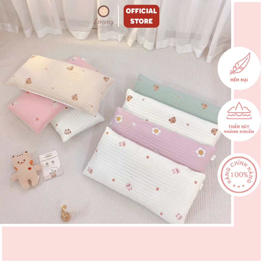 Gối nằm cho bé khổ dài Monona trần bông, bảo vệ cột sống bé,ruột tháo rời dễ vệ sinh, thoáng khí