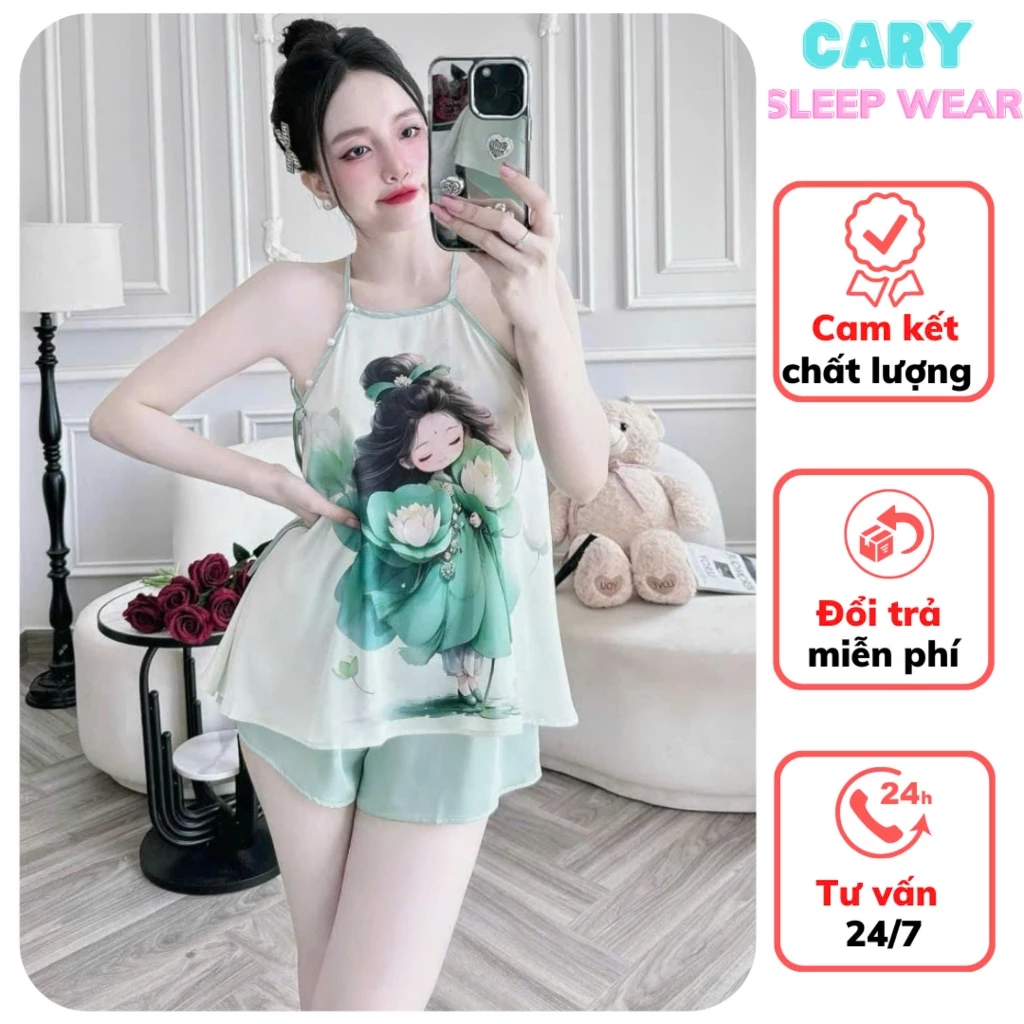 Set bộ ngủ áo yếm nữ 2 dây lụa họa tiết in 3D kèm quần đùi nữ mặc nhà mùa hè dễ thương CARY