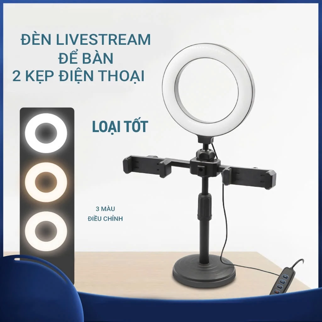 Đèn livestream để bàn có hai kẹp điện thoại 3 chế độ màu điều chỉnh ánh sáng hỗ trợ bán hàng+quay video+học tập