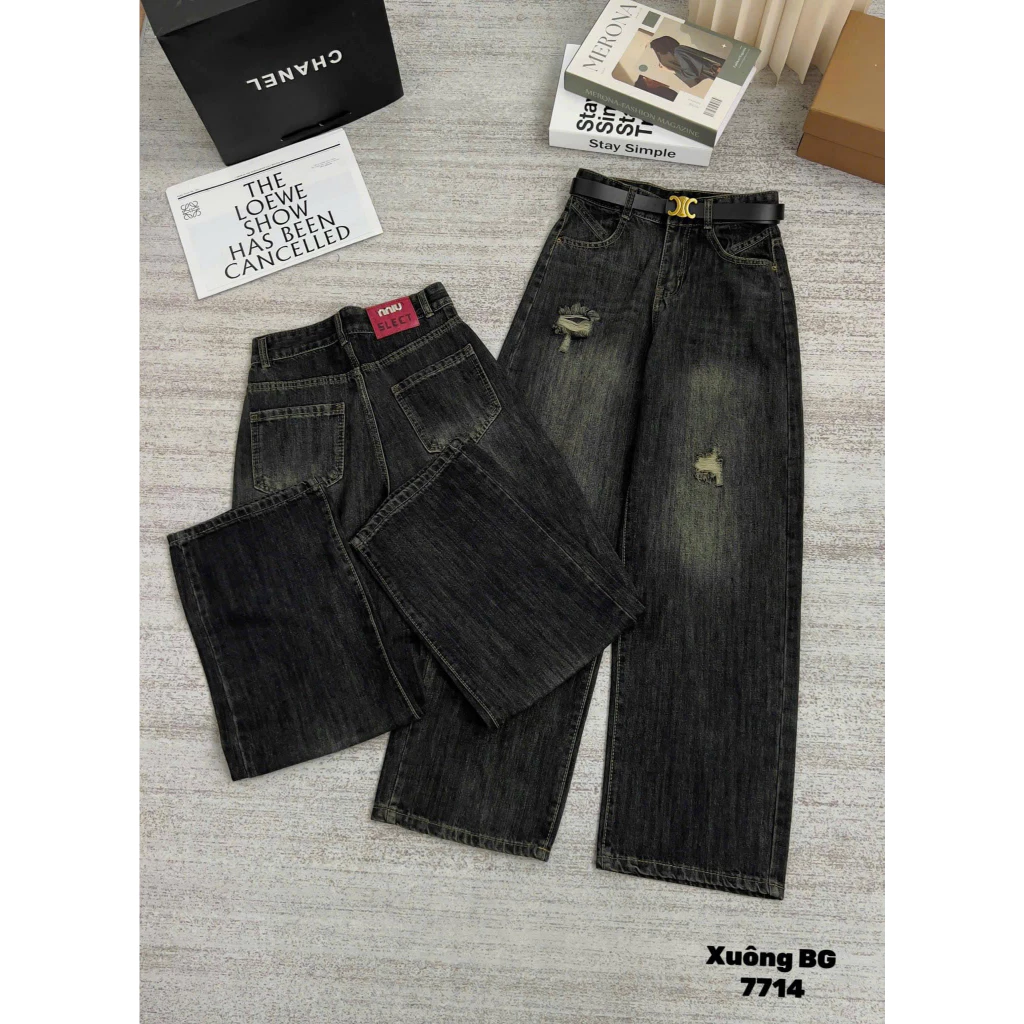 [BIGSIZE 85kg] 7713 Quần Jean Nữ Cạp Cao Ống Suông To Thoái Mái Rách Tạo Kiểu, quần bò nữ ống rộng