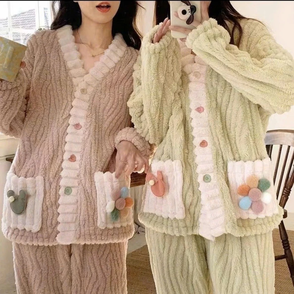 Bộ quần áo bông dài tay ống rộng nữ Họa Tiết,bộ đồ mặc nhà nữ phong cách hàn quốc nhung lông