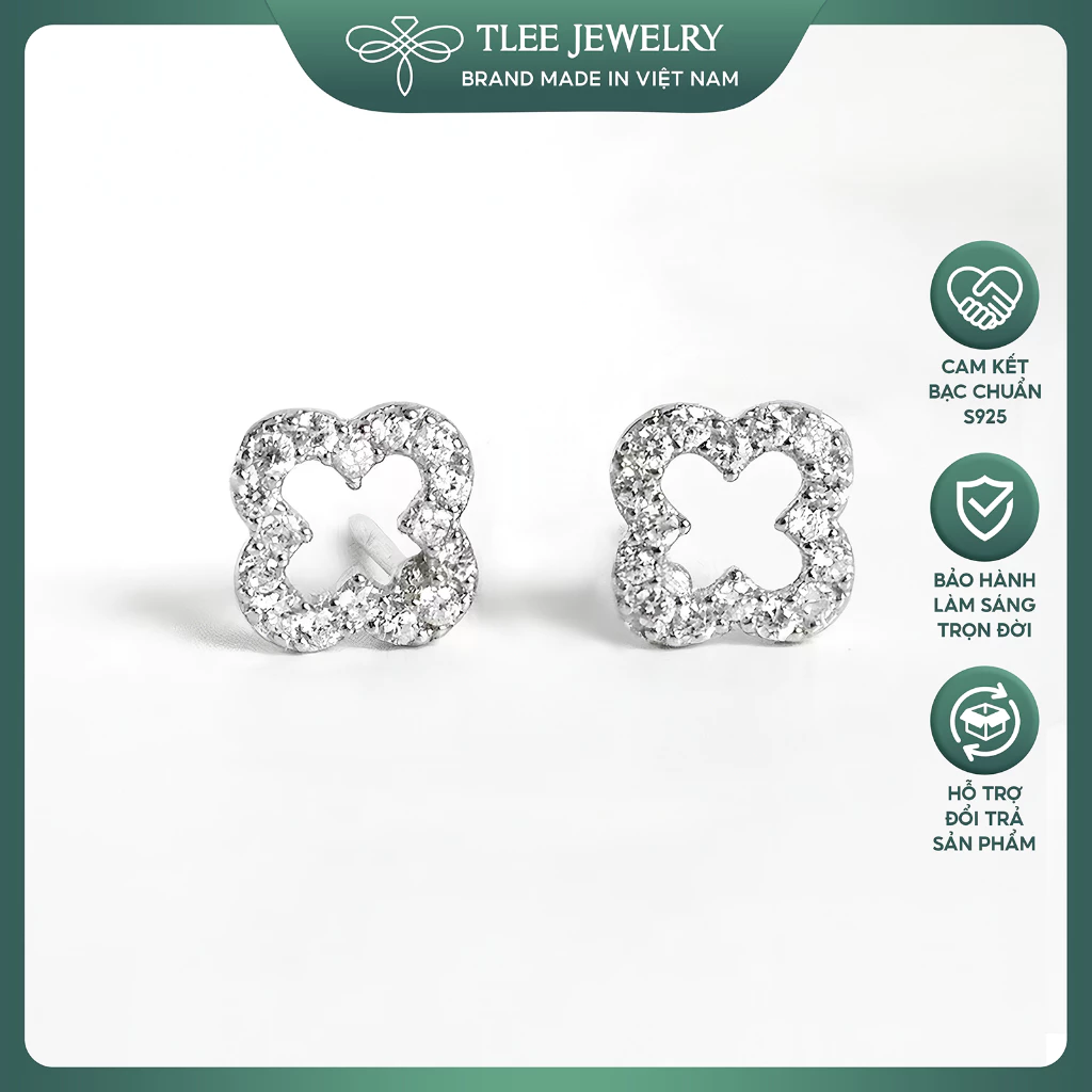 Khuyên tai bạc nữ TLEE cỏ bốn lá viền đính đá nữ tính TLEE JEWELRY B0527