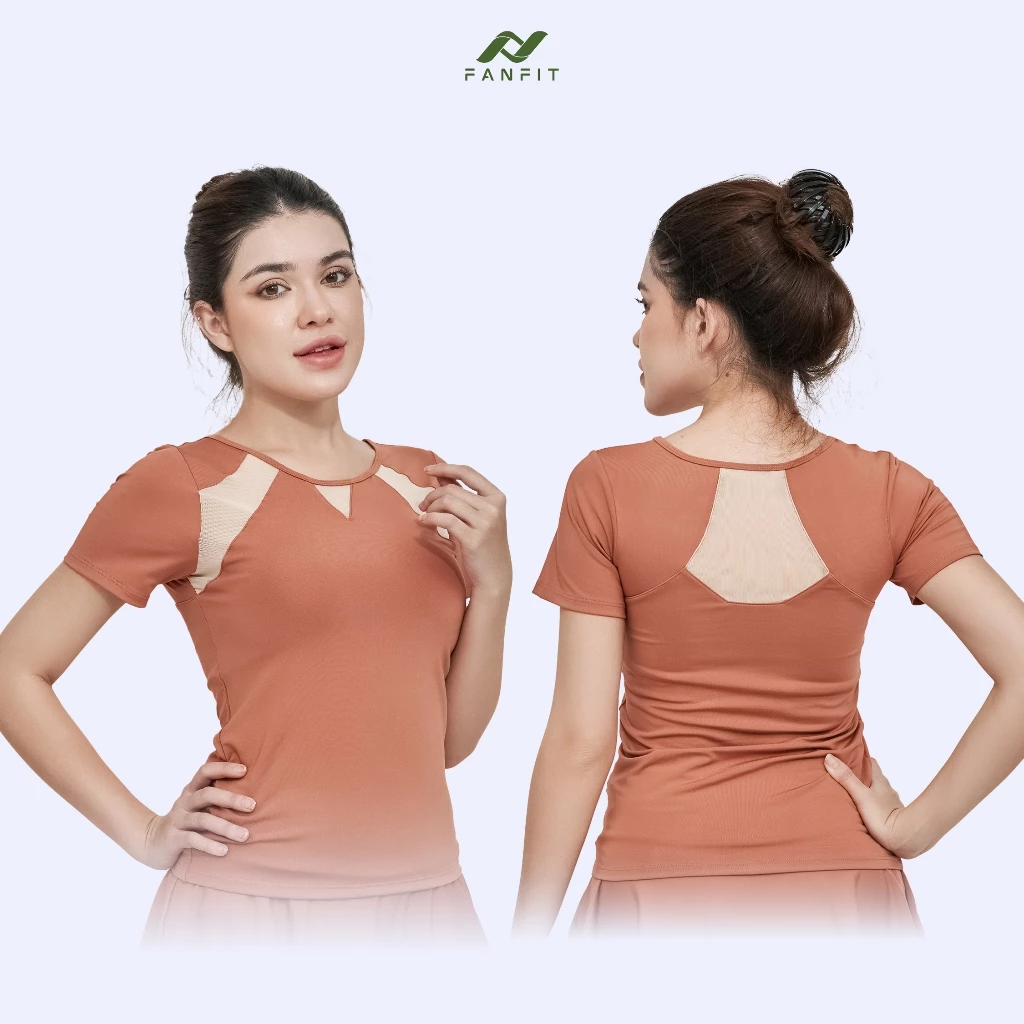 Áo thun 2 lớp thể thao Nữ tập Gym Yoga Pilates FANFIT FFTS002 - có lớp trong, phối lưới, tay ngắn