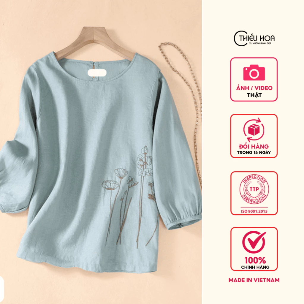 Áo kiểu trung niên cho mẹ, hoa thêu sang trọng bắt mắt, chất liệu vải xô cao cấp Thiều Hoa AN2C0729