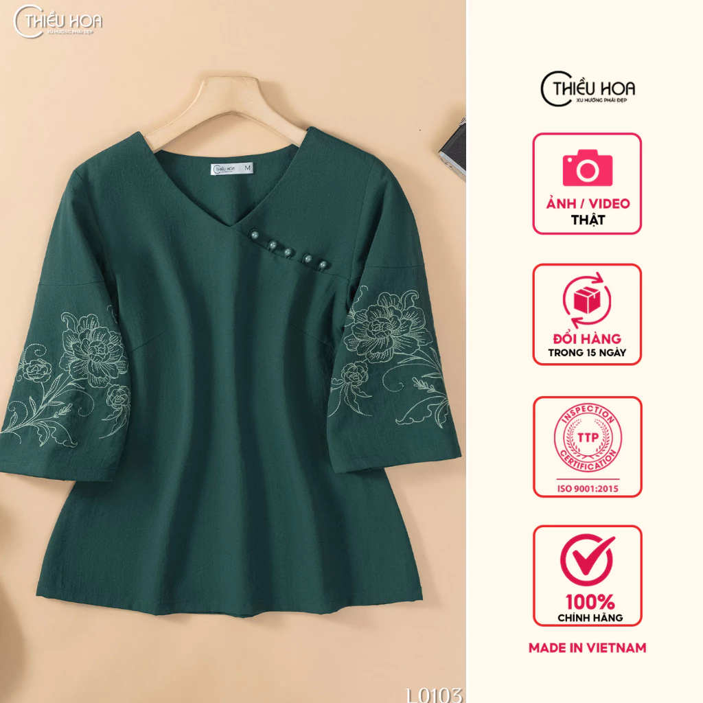 Áo kiểu nữ trung niên, thiết kế thêu hoa tinh tế, chất liệu linen cao cấp tặng mẹ Thiều Hoa AN4L0103