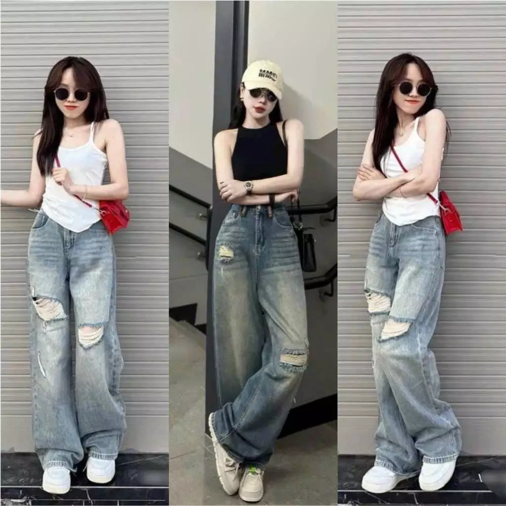 Quần jean ống suông rộng đứng nữ thêu KAKA cạp cao ôm eo màu RETRO, quần bò ống rộng suông dáng dài phong cách Ulzzang