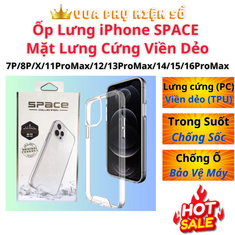 Ốp lưng iPhone Space chống sốc lưng cứng viền dẻo trong suốt chống ố cho 7P/8P/X/11ProMax/12/13ProMax/14/15/16ProMax