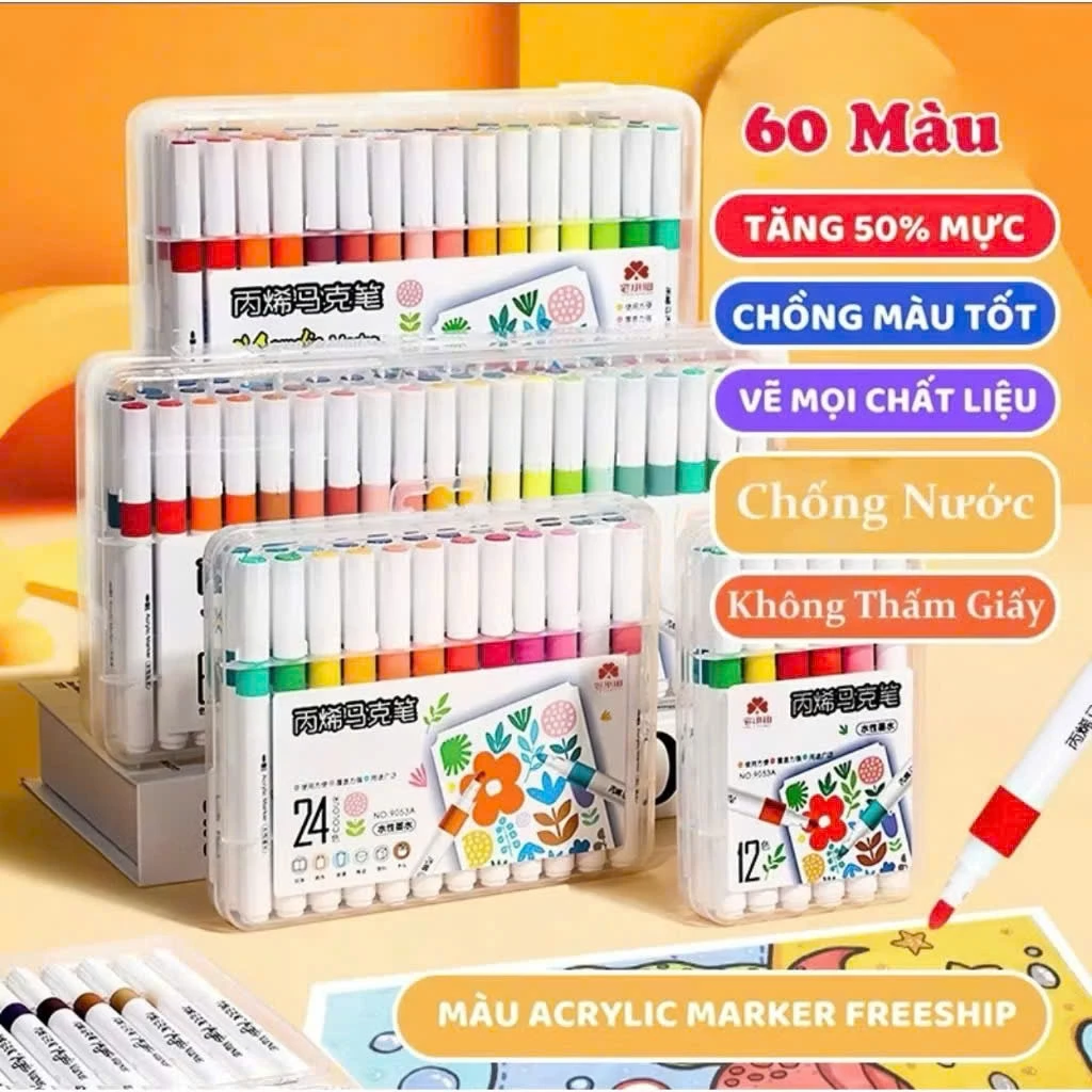 Bút Màu Acrylic Marker 12/24/36/48/60 Cao Cấp Màu Sắc Tươi Sáng - Bút Lông Màu Vẽ Lên Mọi Bề Mặt 89001
