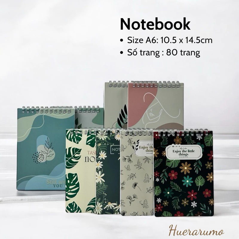 Sổ lò xo A6 HUERARUMO, 80 trang giấy cao cấp định lượng 100gsm có chứng nhận FSC 100%, in offset, bìa giấy cán mờ.