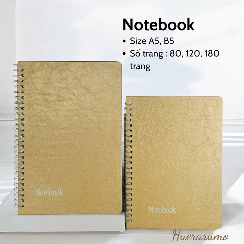Sổ lò xo A5-B5 HUERARUMO, 80-120-180 trang giấy cao cấp 100gsm, in offset, bìa Vải giấy giặt được hiệu ứng metallic.
