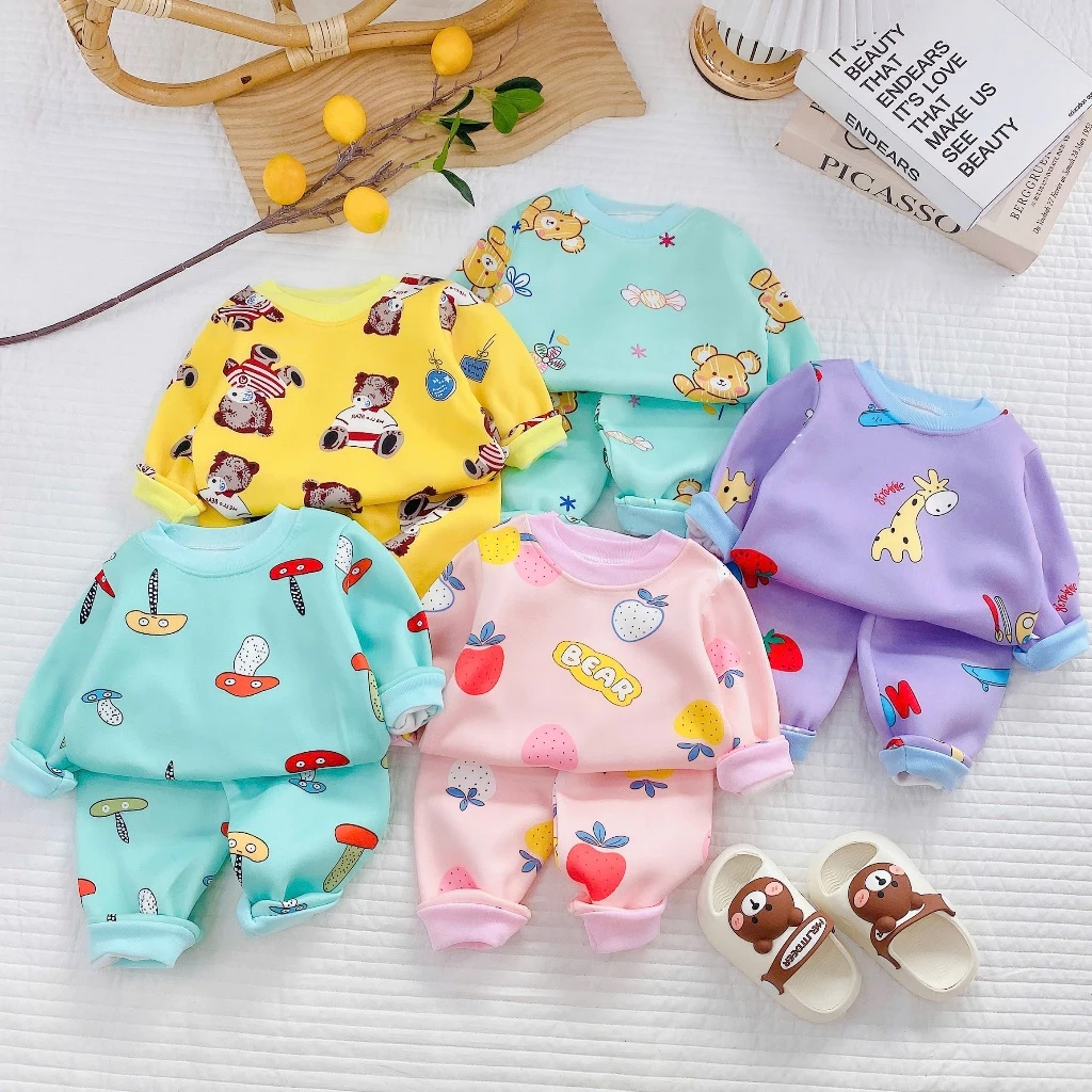 (Bé 5-14kg, Chọn theo màu) Đồ bộ cho bé gái, bé trai dài tay chất nỉ bông,bộ quần áo trẻ em ấm mùa đông