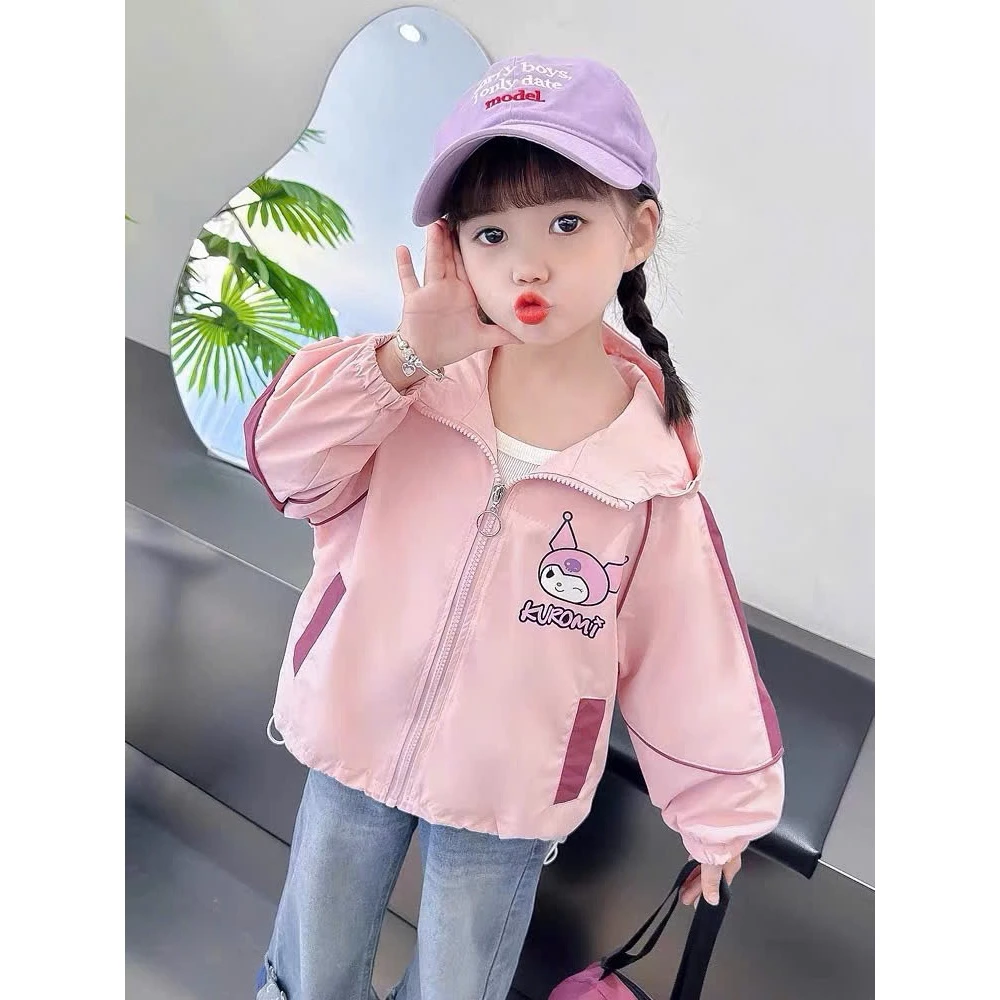 Áo khoác gió trẻ em 2 lớp lót lưới cao cấp có mũ in hình Kuromi xinh xắn,vải gió kháng nước,cản gió,chống tia UV