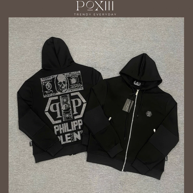 Hoodie Zip Philip Pleinnn Đính Đá Full Khoá PP - Áo Khoác Có Mũ Nam Nữ Nỉ Đính Đá