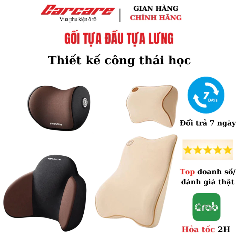 Gối tựa đầu ô tô công thái học, gối tựa lưng ô tô cao su non cao cấp thương hiệu CARCARE