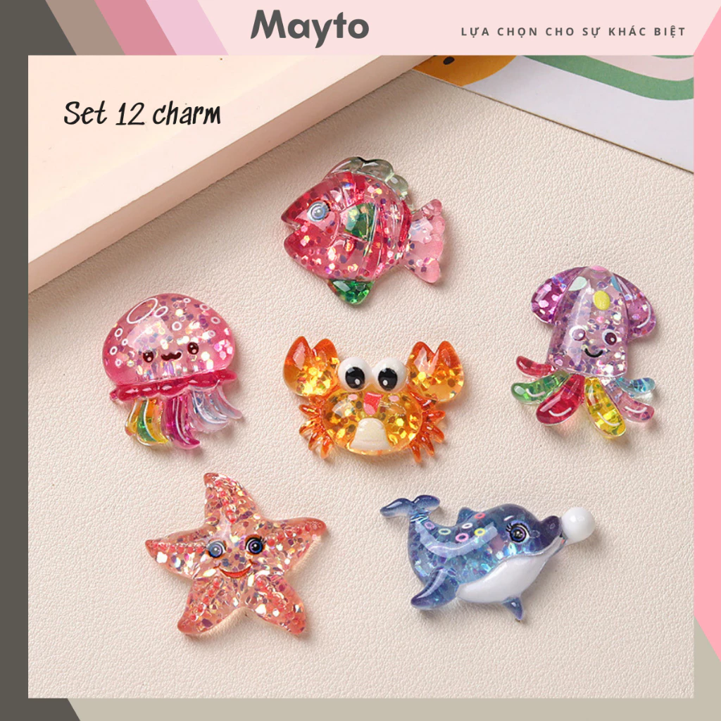 Set 12 Sticker, Charm 3D chủ đề Sứa biển lấp lánh Mayto gắn Dép Sục, Cá Sấu JB-269