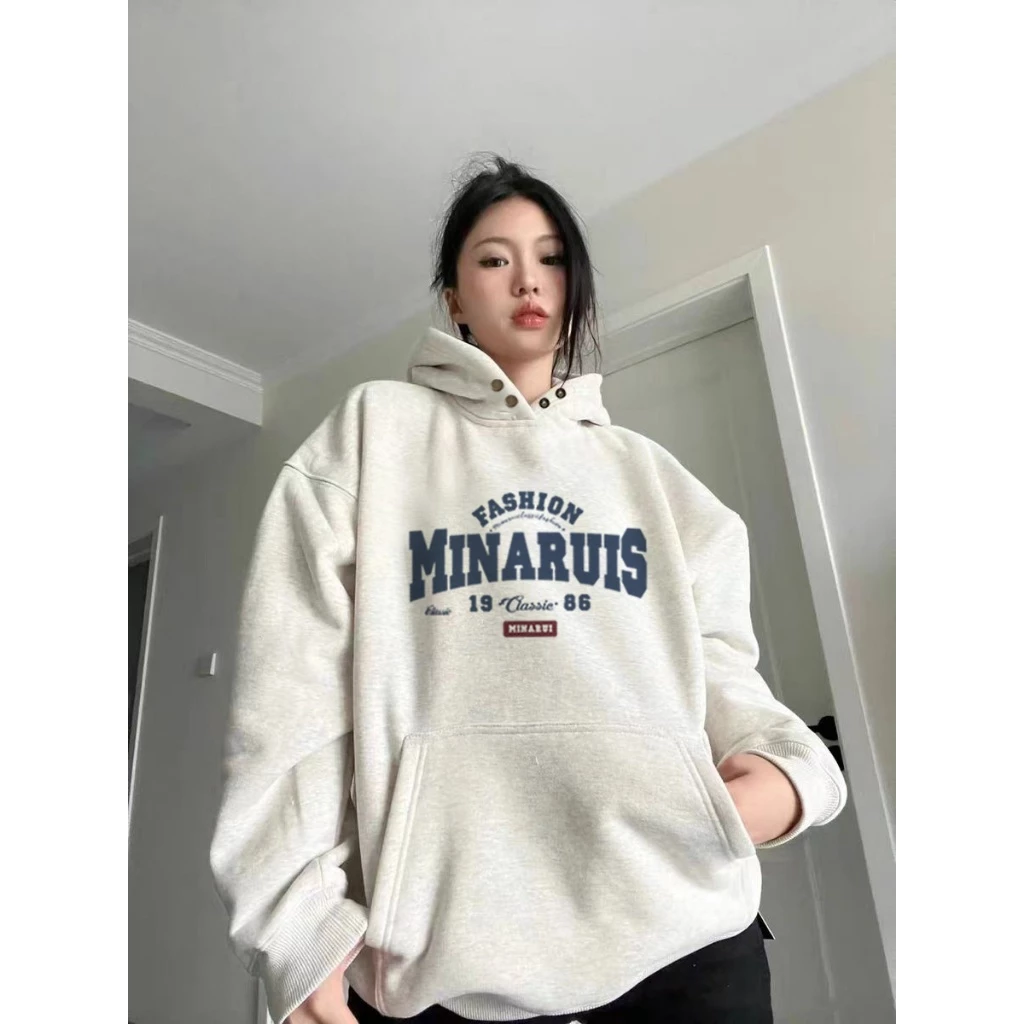 Áo hoodie xám trắng chất nỉ bông form rộng in chữ MINARUS Menswear - MAYLINHSHOP