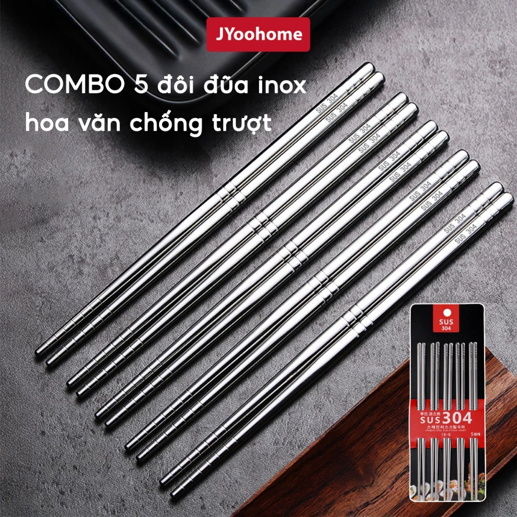 Đũa inox 304 kháng khuẩn chống ẩm mốc JYoohome Vỉ 5 đôi đũa ăn cơm nấu ăn Nhật Bản chống trơn trượt