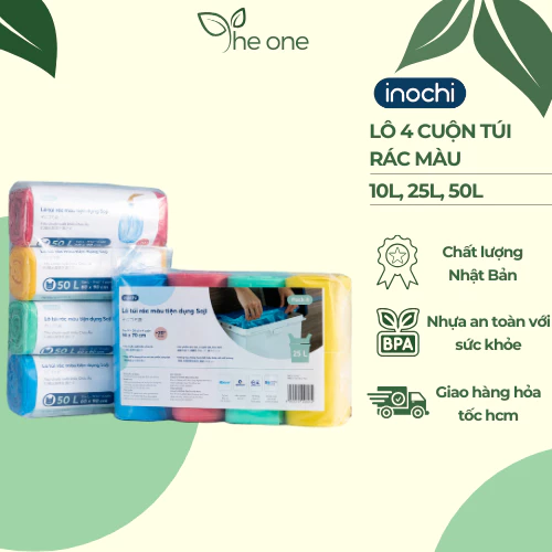 Lô 4 cuộn túi rác màu tự huỷ sinh học Inochi, có quai tiện dụng, túi nhiều hơn x4 lần