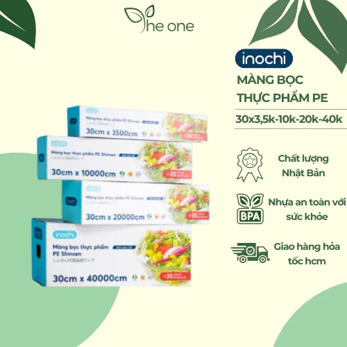Màng bọc thực phẩm Inochi, kèm lưỡi cắt, chịu nhiệt tốt, không mùi khó chịu. Màng bọc thực phẩm