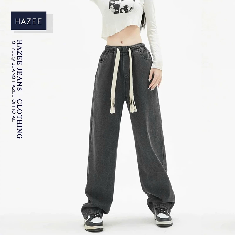 Quần jean nữ ống rộng cạp chun HAZEE - Quần jean Co giãn cạp chun và cạp khóa form rộng