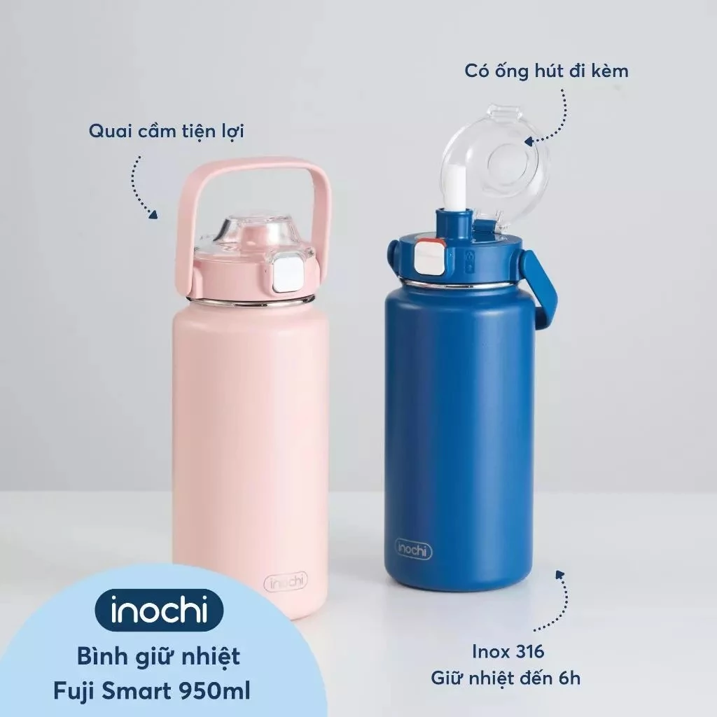 Bình giữ nhiệt inochi Fuji Inox Cao Cấp✨ Nút bấm có vòng chốt khóa bên ngoài tiện lợi bền bỉ an toàn