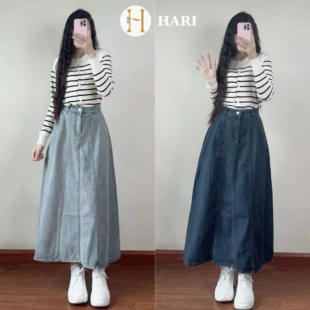 Chân Váy Hari Dáng Dài Chất Jean 2 Ly Trước