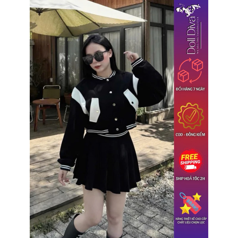 Set Áo Khoác Bomber Phối Vai Croptop Mix Chân Váy Xoè Ngắn QCCC Hotgirl Sang Chảnh S822