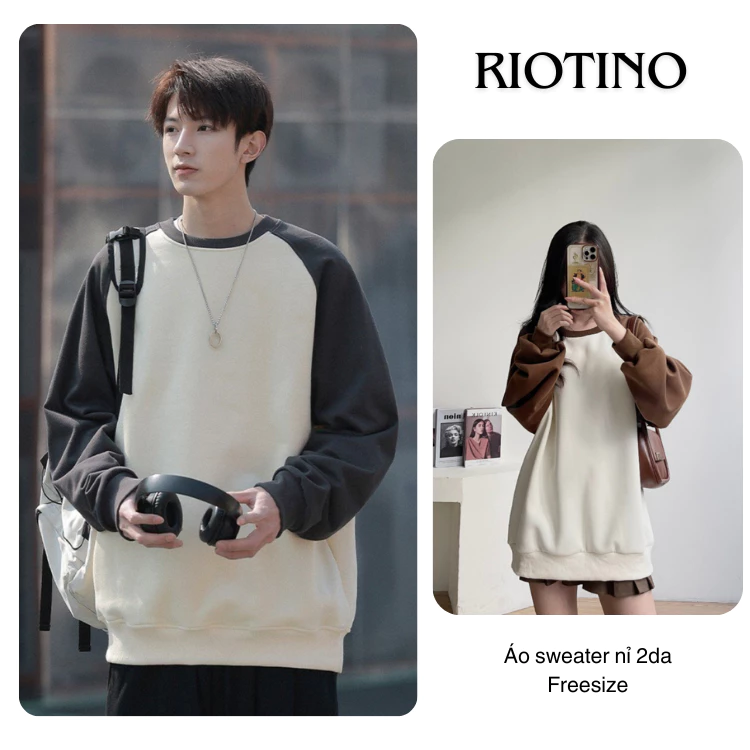 Áo sweater nỉ hàn RIOTINO tay raglang phối màu dáng rộng unisex siêu xinh, Áo thu đông nam nữ dài tay hàn quốc A001