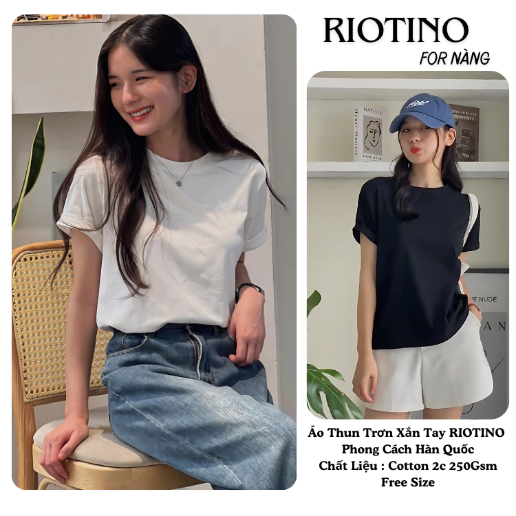 Áo Thun Trơn, Áo Phông Nữ Xắn Tay RIOTINO Phong Cách Hàn Quốc Chất Cotton Co Giãn 2 Chiều Mặc Siêu Mát Hè 2024 AT03