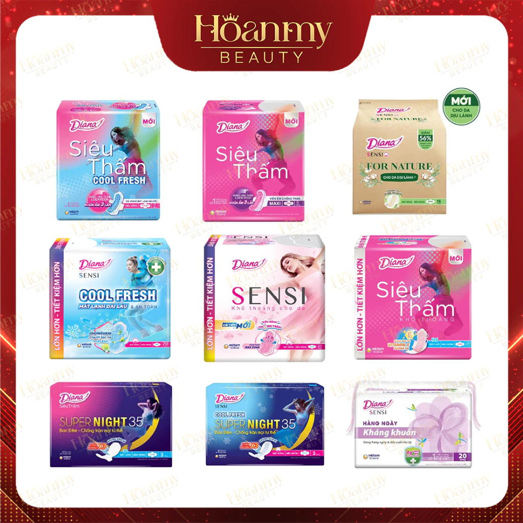 Băng Vệ Sinh Diana Siêu Mỏng Cánh | Hàng Ngày | Ban Đêm | Mặt Bông | Dày Cánh