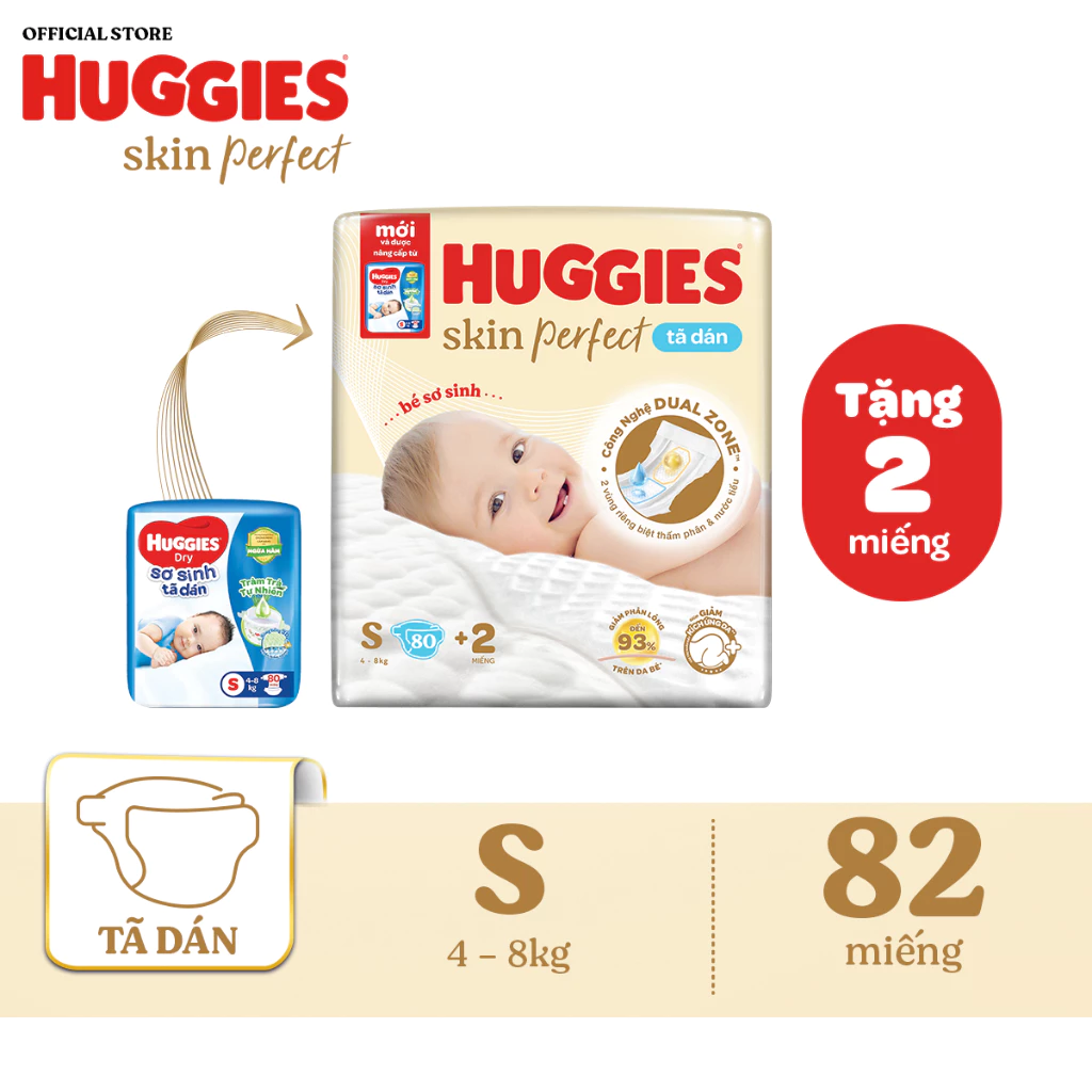 [KOL LIVE] Tã/bỉm dán sơ sinh Huggies Skin Perfect S 80+2 miếng với 2 vùng thấm giảm kích ứng da