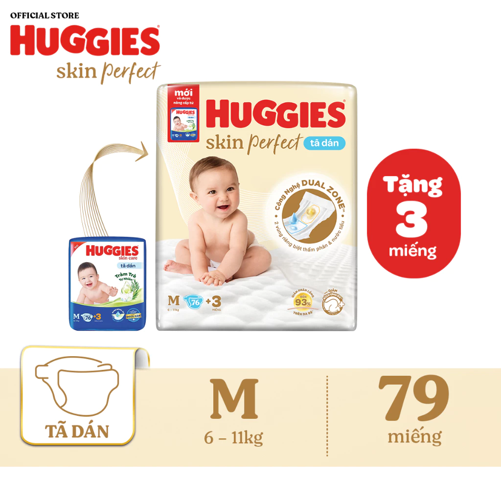 [KOL LIVE] Tã/bỉm dán sơ sinh Huggies Skin Perfect M 76+3 miếng với 2 vùng thấm giảm kích ứng da