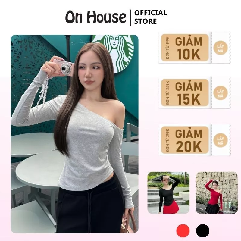Áo thun tay dài trễ vai. áo kiểu lệch vai vạt bầu ON House thiết kế nhúng eo hack dáng chất cotton mềm min co giãn tốt