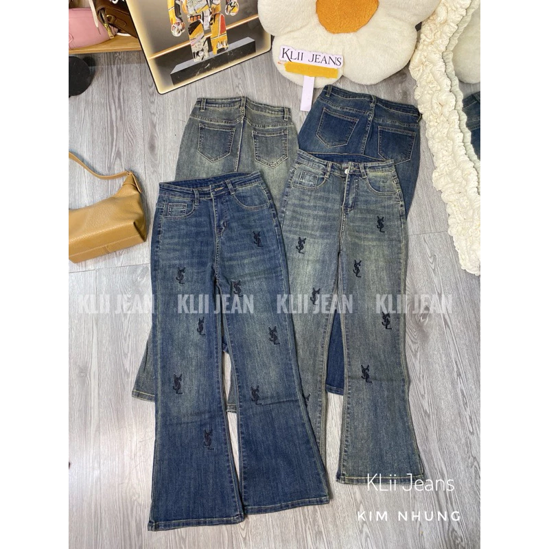 🌷Hot🌷 Quần jeans loe lỡ lai cuốn lưng cao thêu KLii jeans🌷