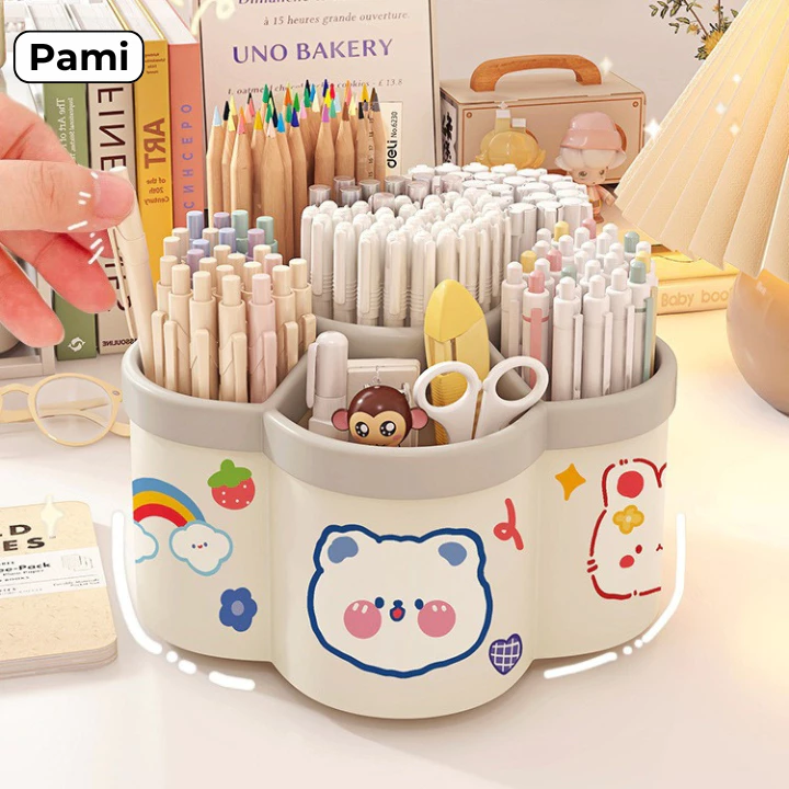 (Tặng sticker) Hộp đựng bút để bàn xoay 360 thiết kế bông hoa 6 ngăn, Hộp đựng văn phòng phẩm để bàn đa năng