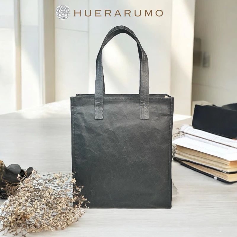 Túi tote 2 lớp HUERARUMO, chất liệu giấy kraft giặt được có khóa kéo màu đen- PAW04. Dài 32cm x Rộng 10cm x Cao 36cm