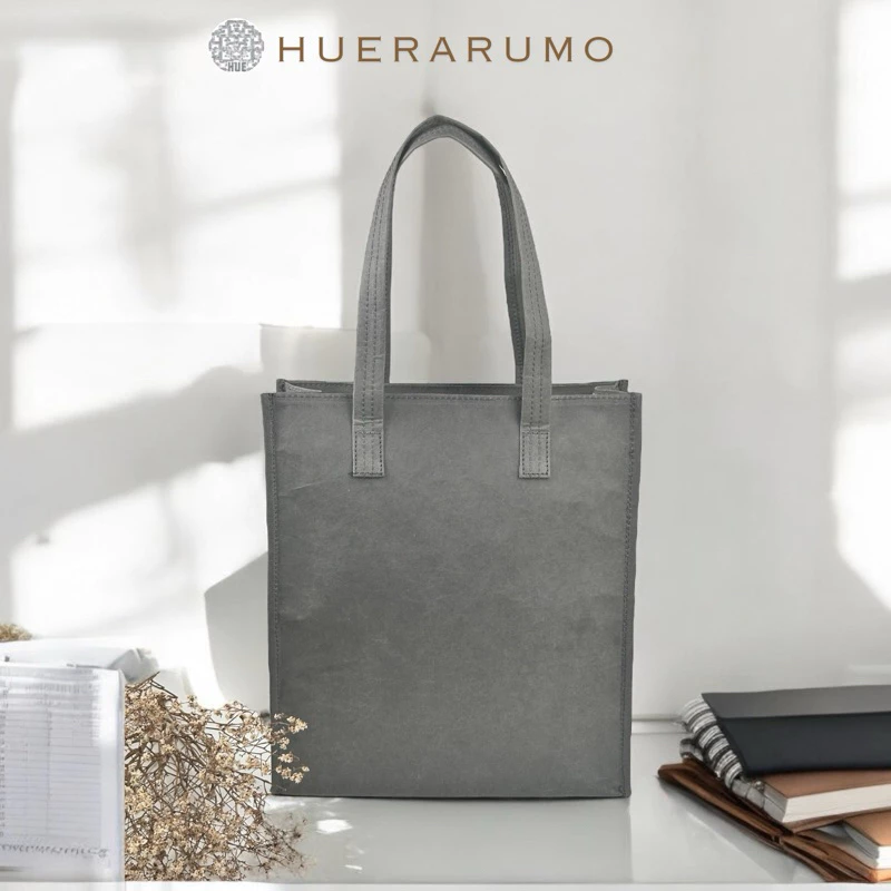 Túi tote 2 lớp HUERARUMO, chất liệu giấy kraft giặt được có khóa kéo màu xám- PAW05. Dài 32cm x Rộng 10cm x Cao 36cm