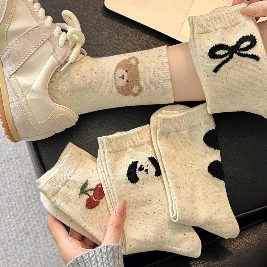 Set 5 Đôi Tất Cotton Nữ Cổ Cao Màu Muối Tiêu Phối Họa Tiết  Gấu Cherry Siêu Yêu tt62