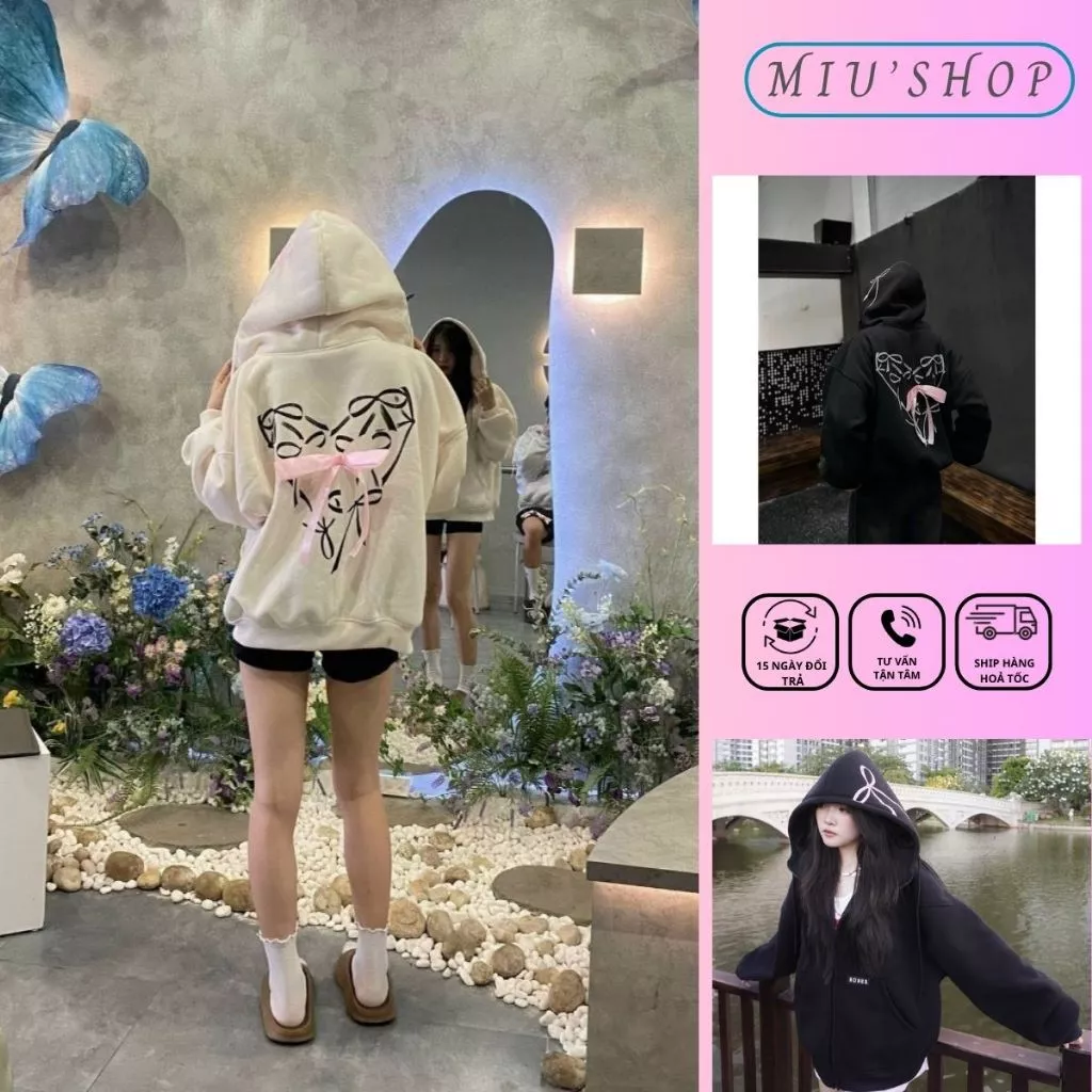 Áo Hoodie Nam Nữ , Áo Khoác Hoodie Zip Unisex PINK BOW In Họa Tiết Nơ Trái Tym Chất Liệu Nỉ Bông Mềm Mại HOTTREND