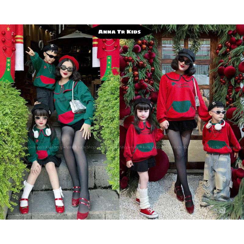( Ảnh Thật ) [10- 37Kg, 45- 65Kg] lÁo nỉ cổ tròn Sweater Thu Đông Đồ Đôi Mẹ và Bé Noel chữ HELLO DECEMBER trẻ em