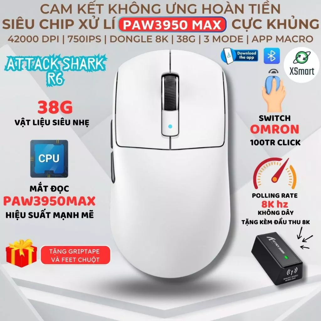 Chuột Gaming Bluetooth Không Dây Attack Shark R6 PAW3950 MAX Siêu Nhẹ 38G 42000 DPI Dongle 8Khz