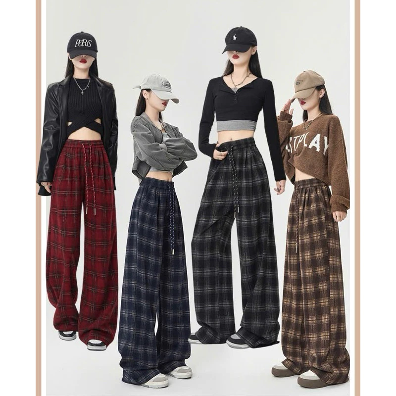 Quần kẻ karo ống rộng chất dạ dày dặn thu đông Quần caro vải dạ dày dặn cạp chun co giãn thỏa mái AA.Studio