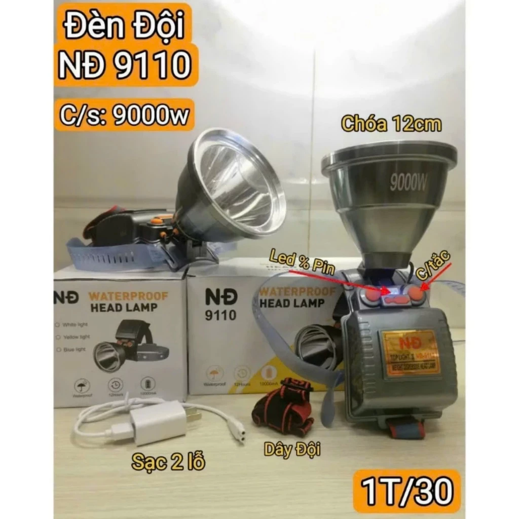 Đèn Pin Đội Đầu Siêu Sáng 6000w - 9000w, Chống Nước Tuyệt Đối, Pin LITHIUM (9150/9950)