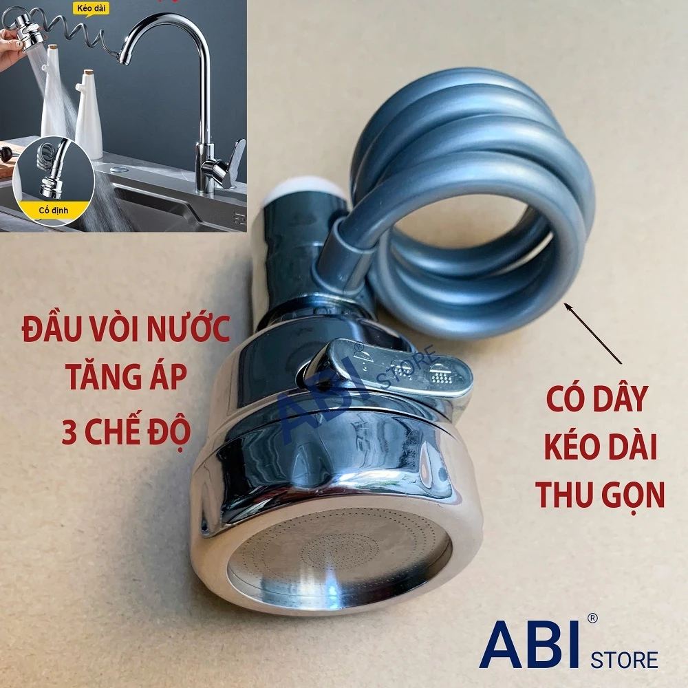 Đầu nối vòi nước tăng áp 3 chế độ có dây lò xo kéo dài, đầu nối vòi rửa bát, vòi lavabo chống bắn